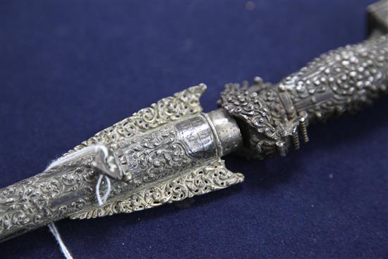 A Balkan niello and white metal-mounted stiletto and scabbard, 19th century, L 42.5cm (blade); 57cm (overall)